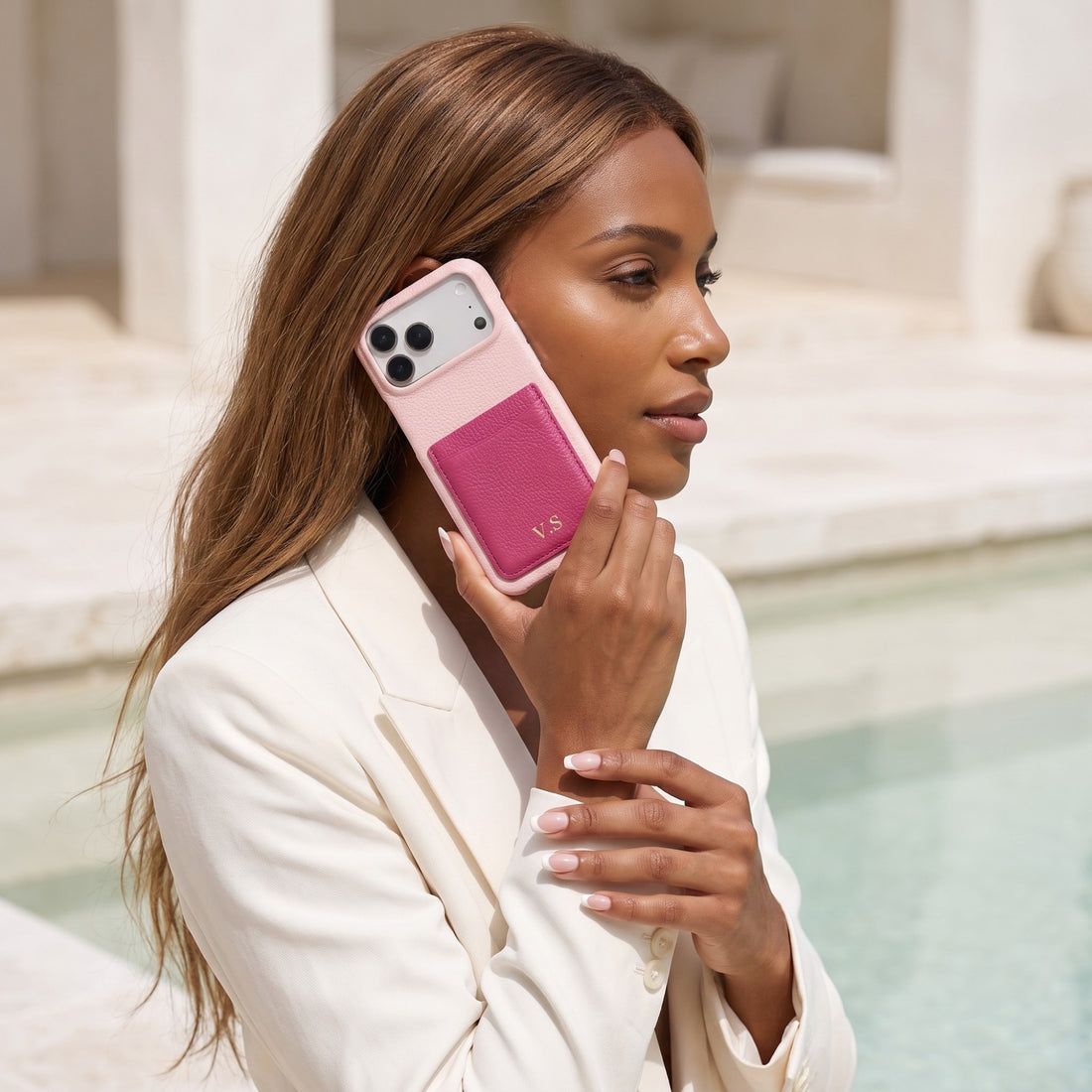 Pink Personalized Leather iPhone Case with Card Holder