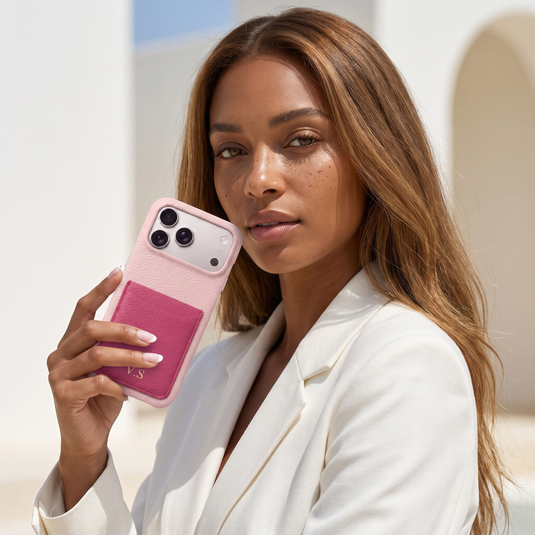 Pink Personalized Leather iPhone Case with Card Holder