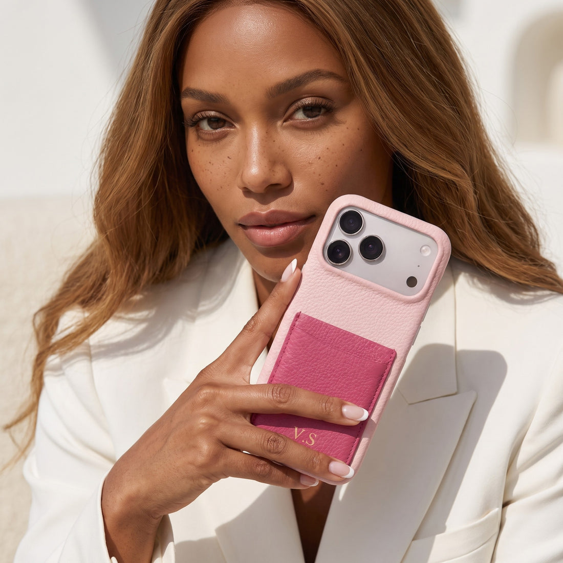 Pink Personalized Leather iPhone Case with Card Holder