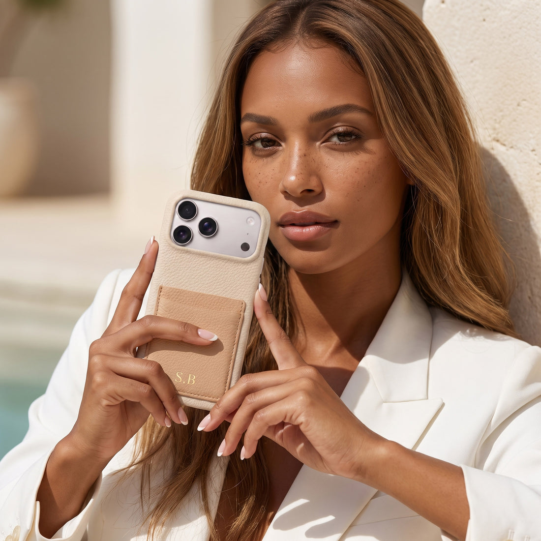 White Personalized Leather iPhone Case with Card Holder