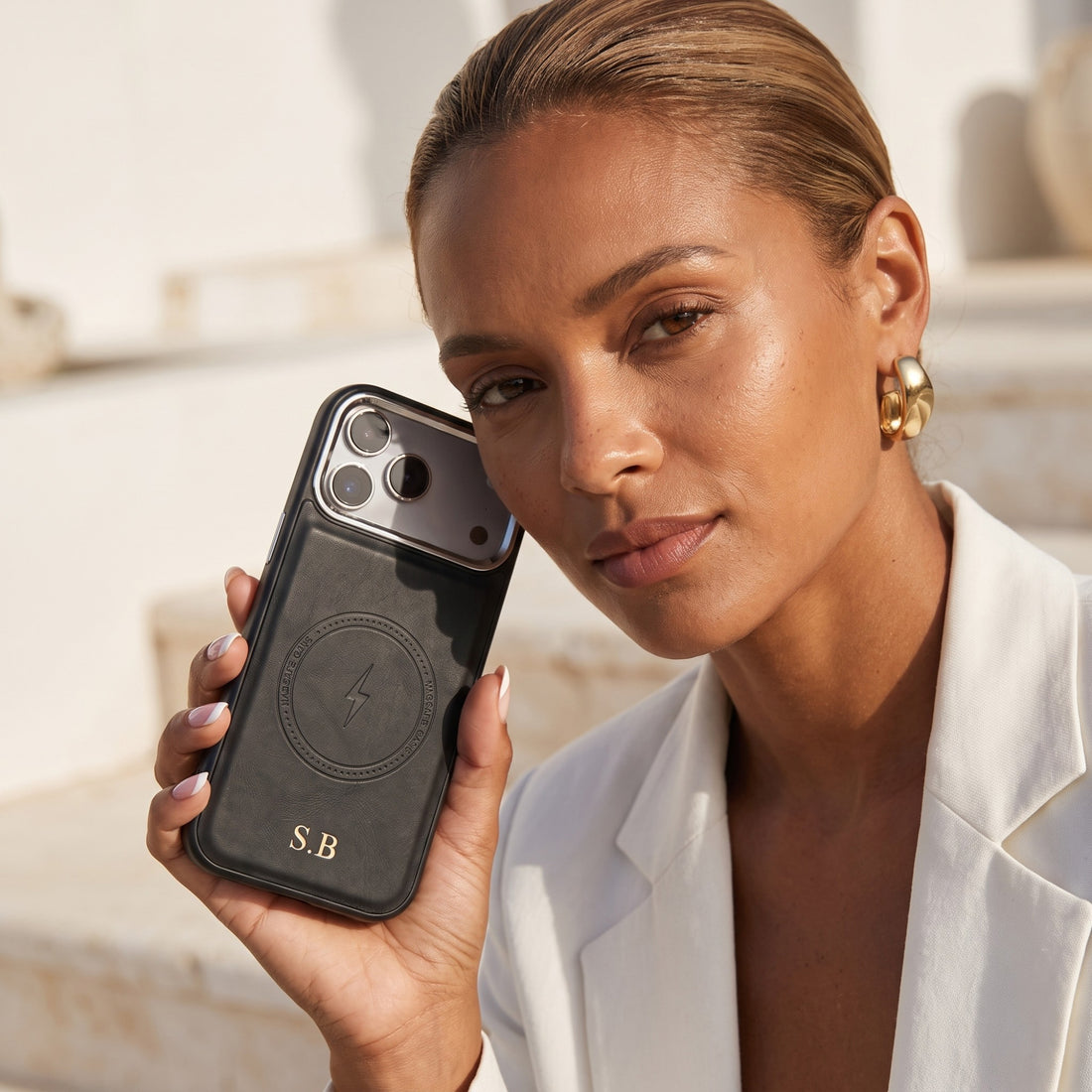 Gray Wireless Charge Monogram Leather iPhone Case