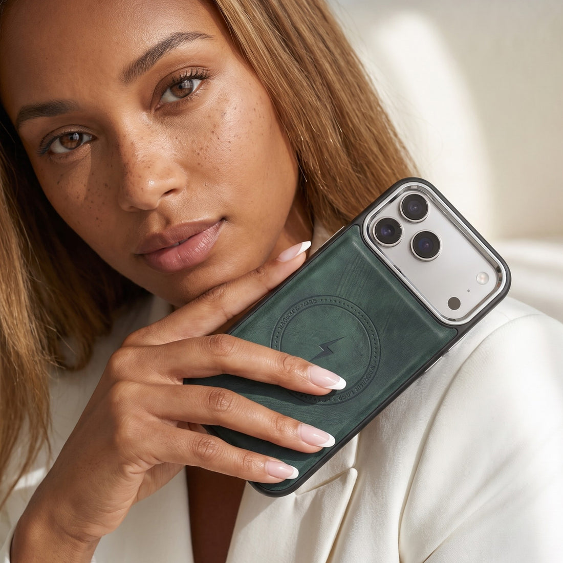Green Wireless Charge Monogram Leather iPhone Case