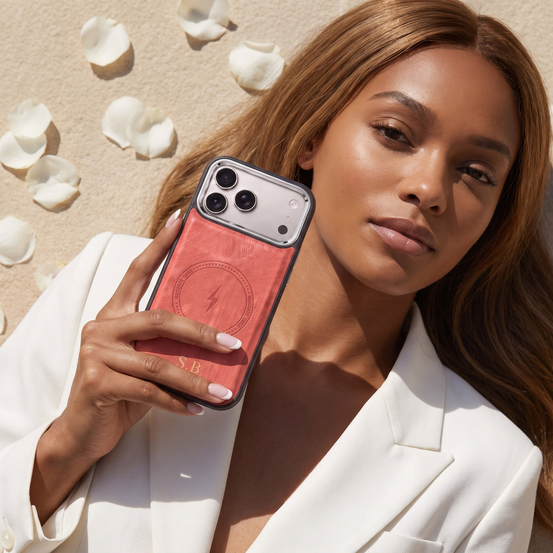 Red Wireless Charge Monogram Leather iPhone Case