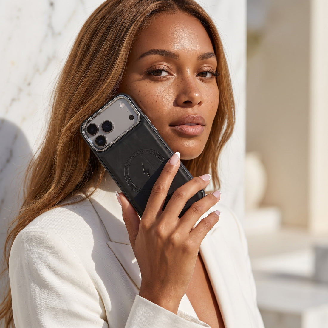 Black Wireless Charge Monogram Leather iPhone Case