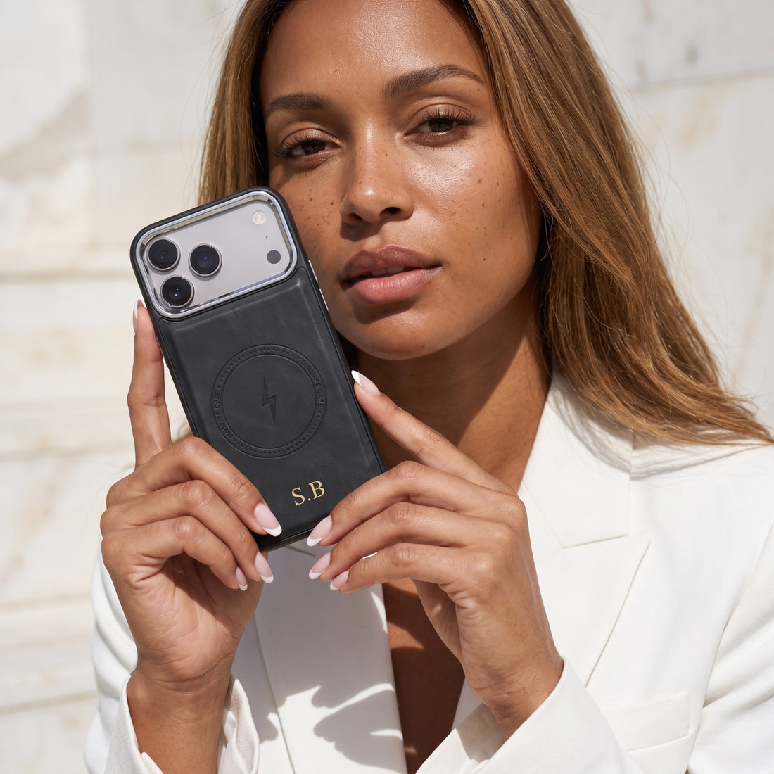 Gray Wireless Charge Monogram Leather iPhone Case