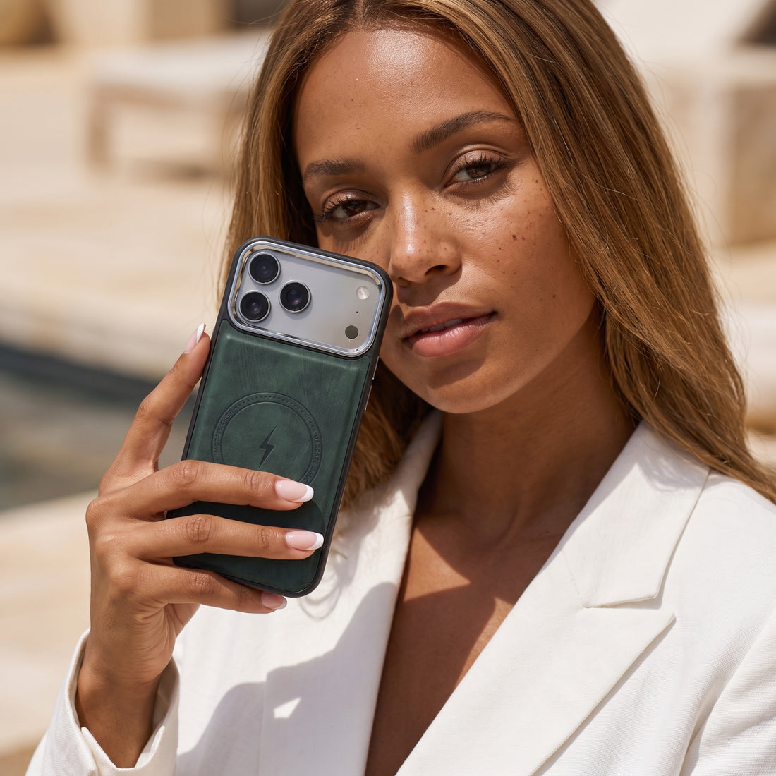 Green Wireless Charge Monogram Leather iPhone Case