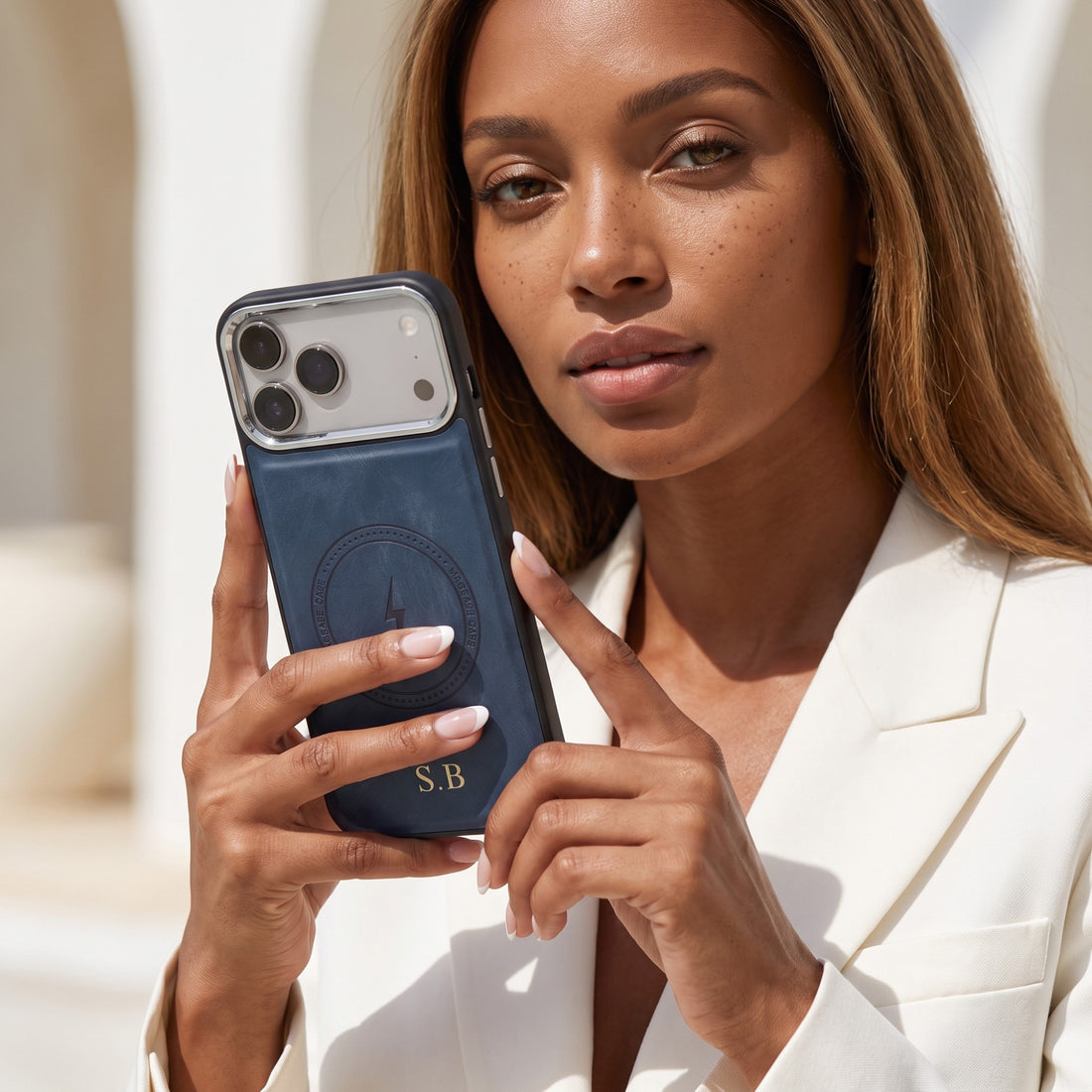 Blue Wireless Charge Monogram Leather iPhone Case