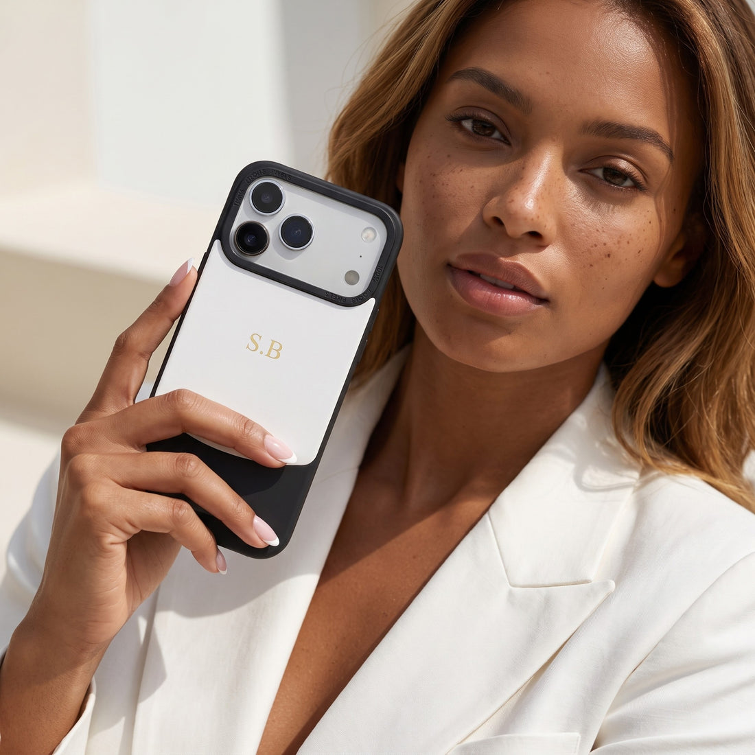 White&Black Two-Tone Monogrammed Leather iPhone Case