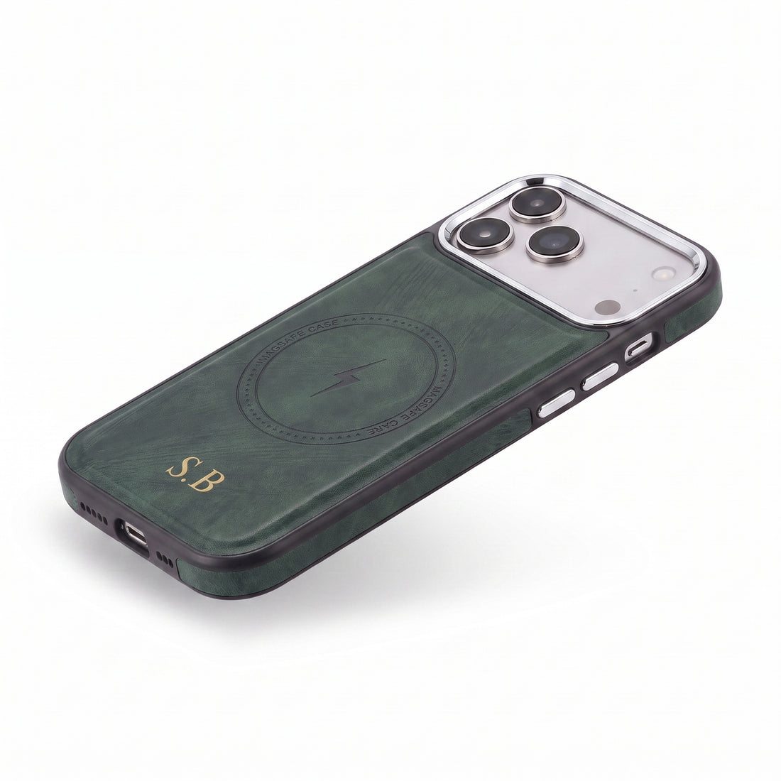 Green Wireless Charge Monogram Leather iPhone Case