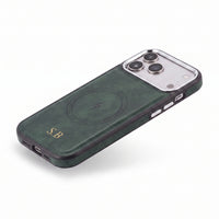 Green Wireless Charge Monogram Leather iPhone Case