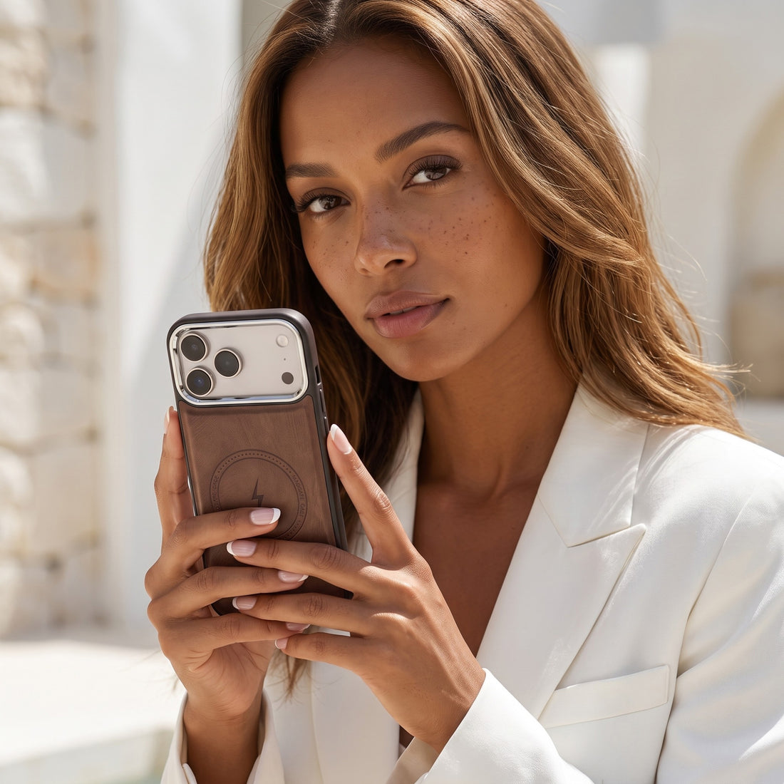 Brown Wireless Charge Monogram Leather iPhone Case