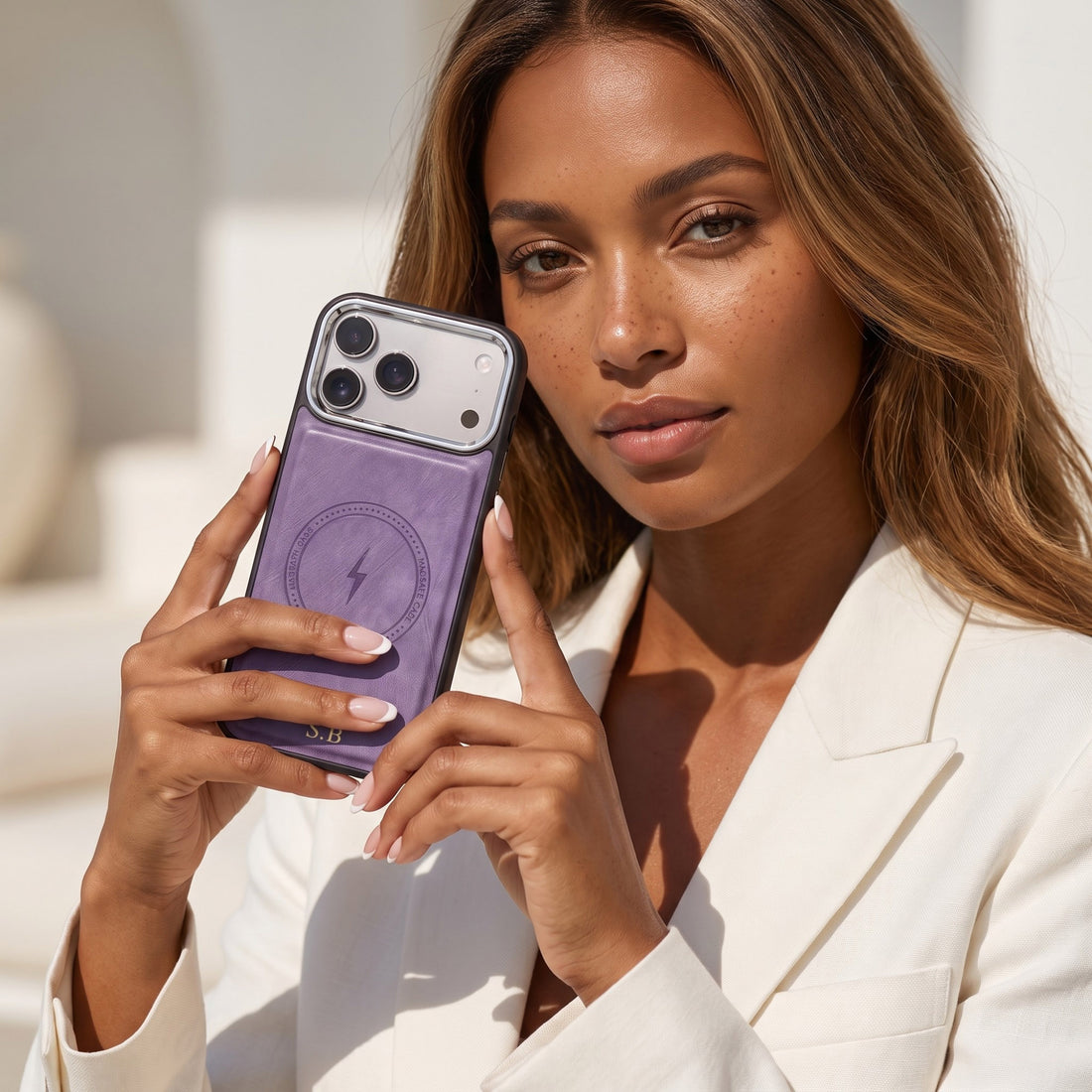 Purple Wireless Charge Monogram Leather iPhone Case