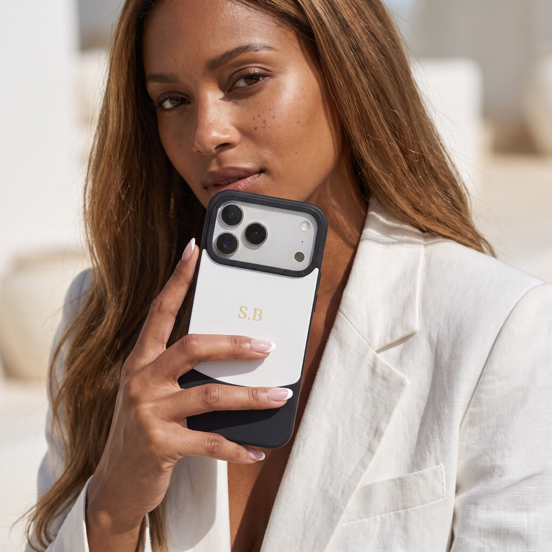 White&Black Two-Tone Monogrammed Leather iPhone Case
