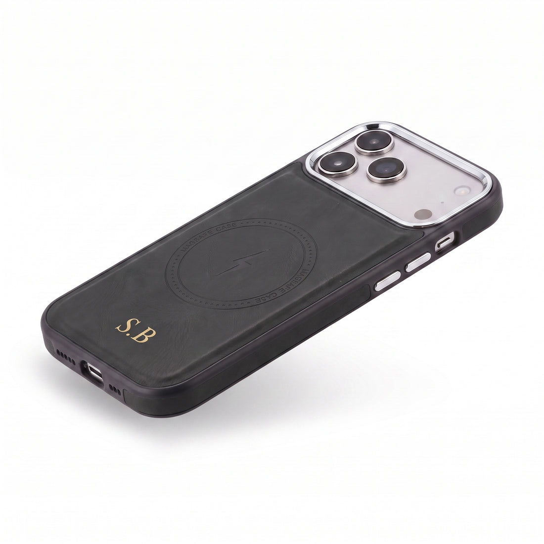 Black Wireless Charge Monogram Leather iPhone Case
