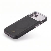 Black Wireless Charge Monogram Leather iPhone Case