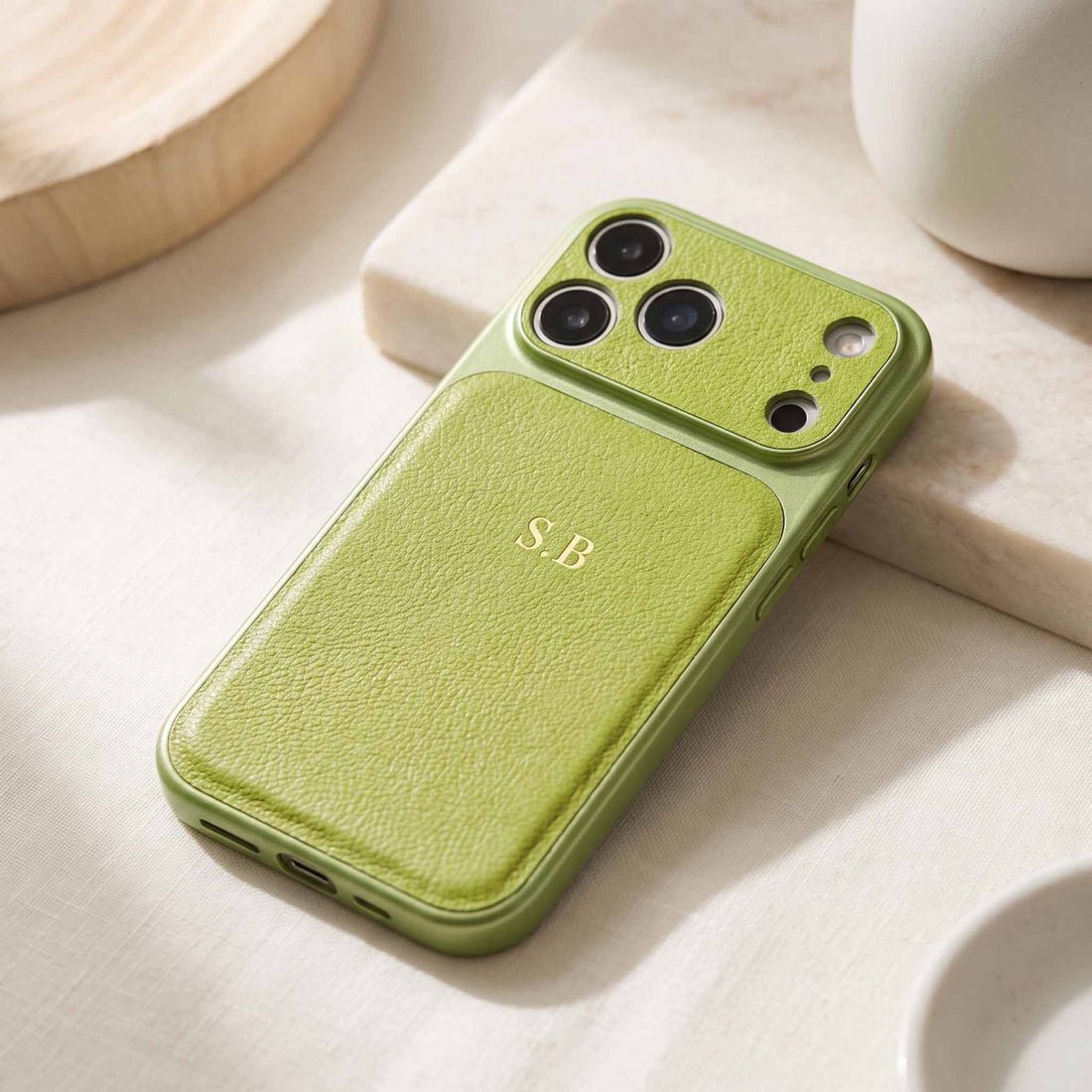 Green Personalized iPhone Case With Leather