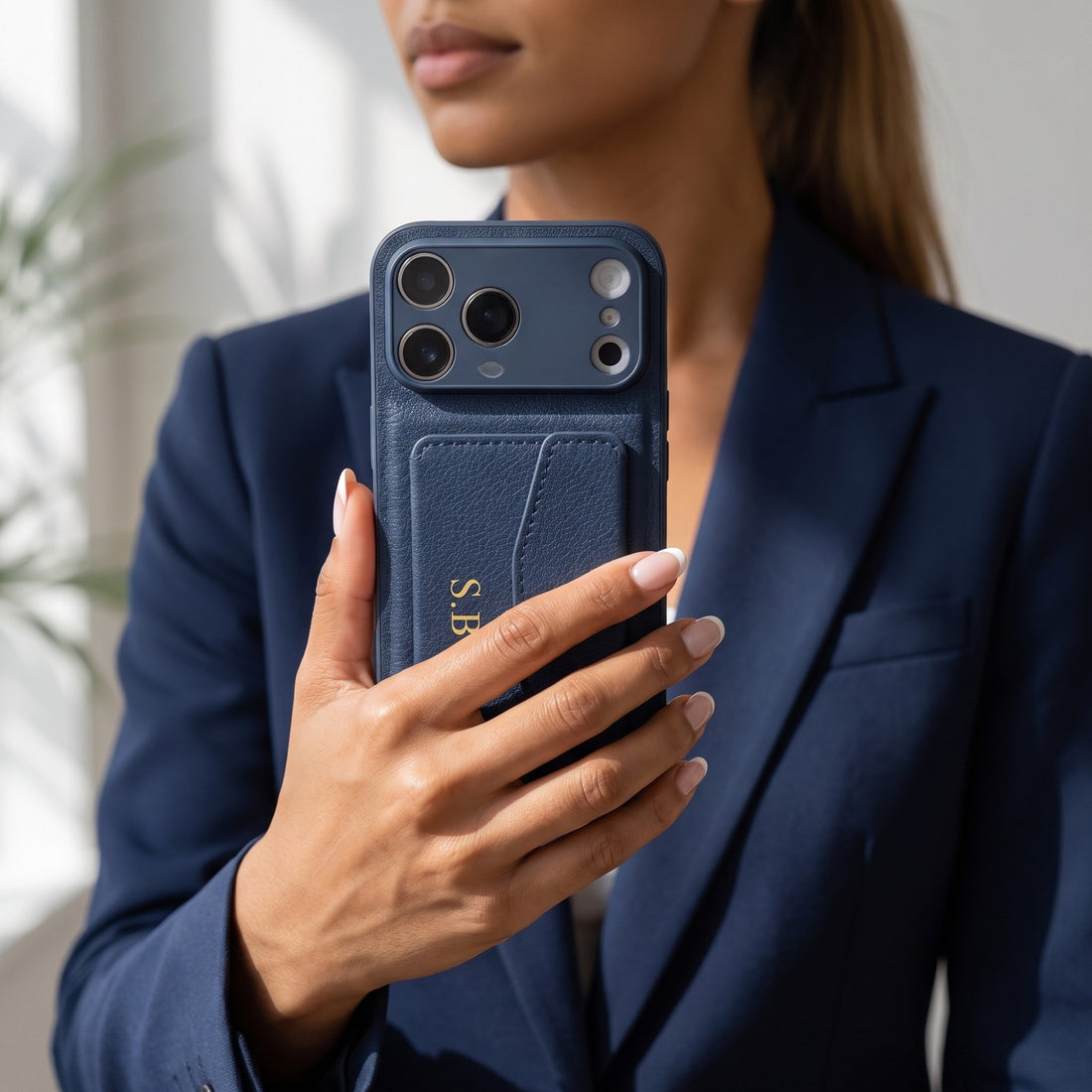 Blue Leather iPhone Case With Card Holder