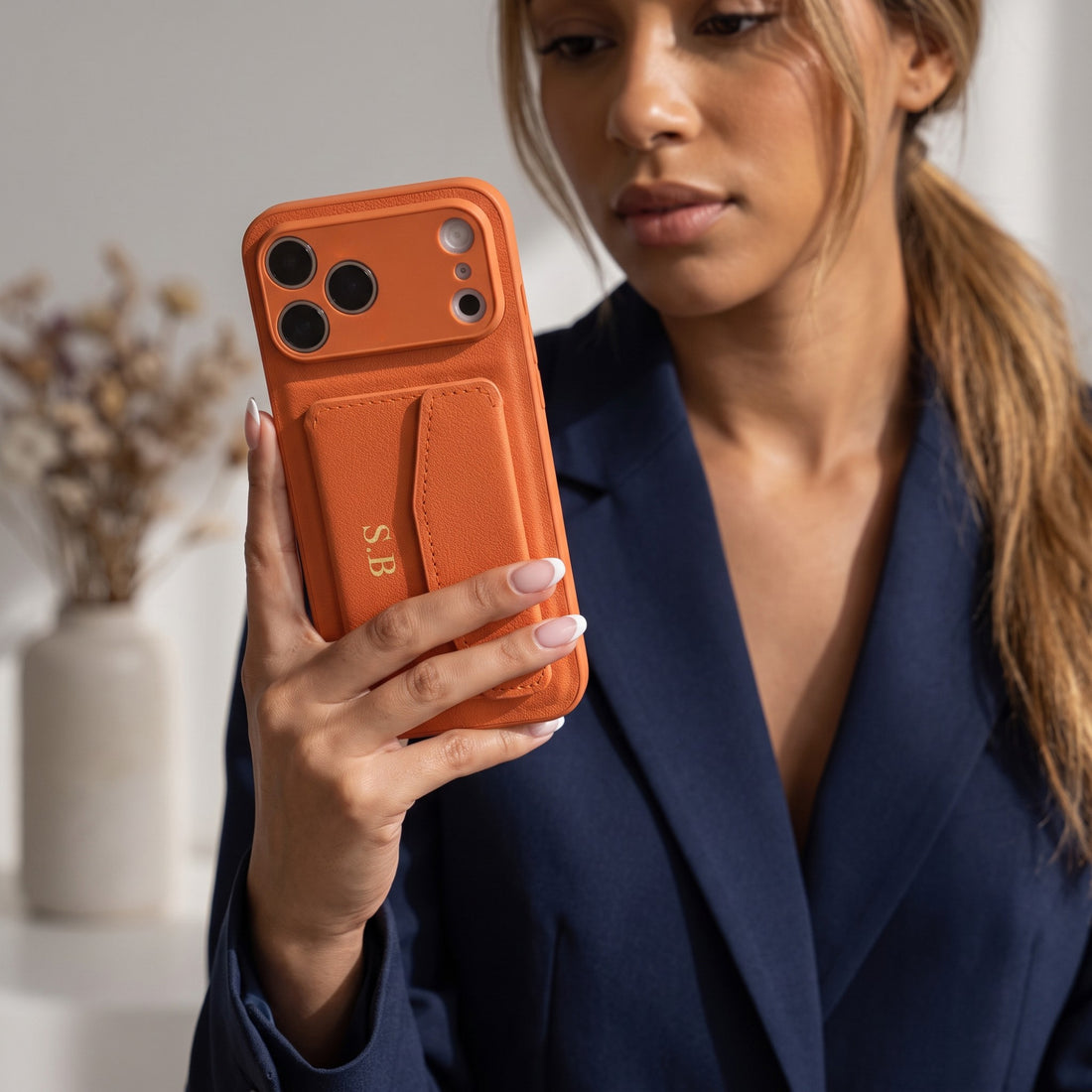Orange Leather iPhone Case With Card Holder