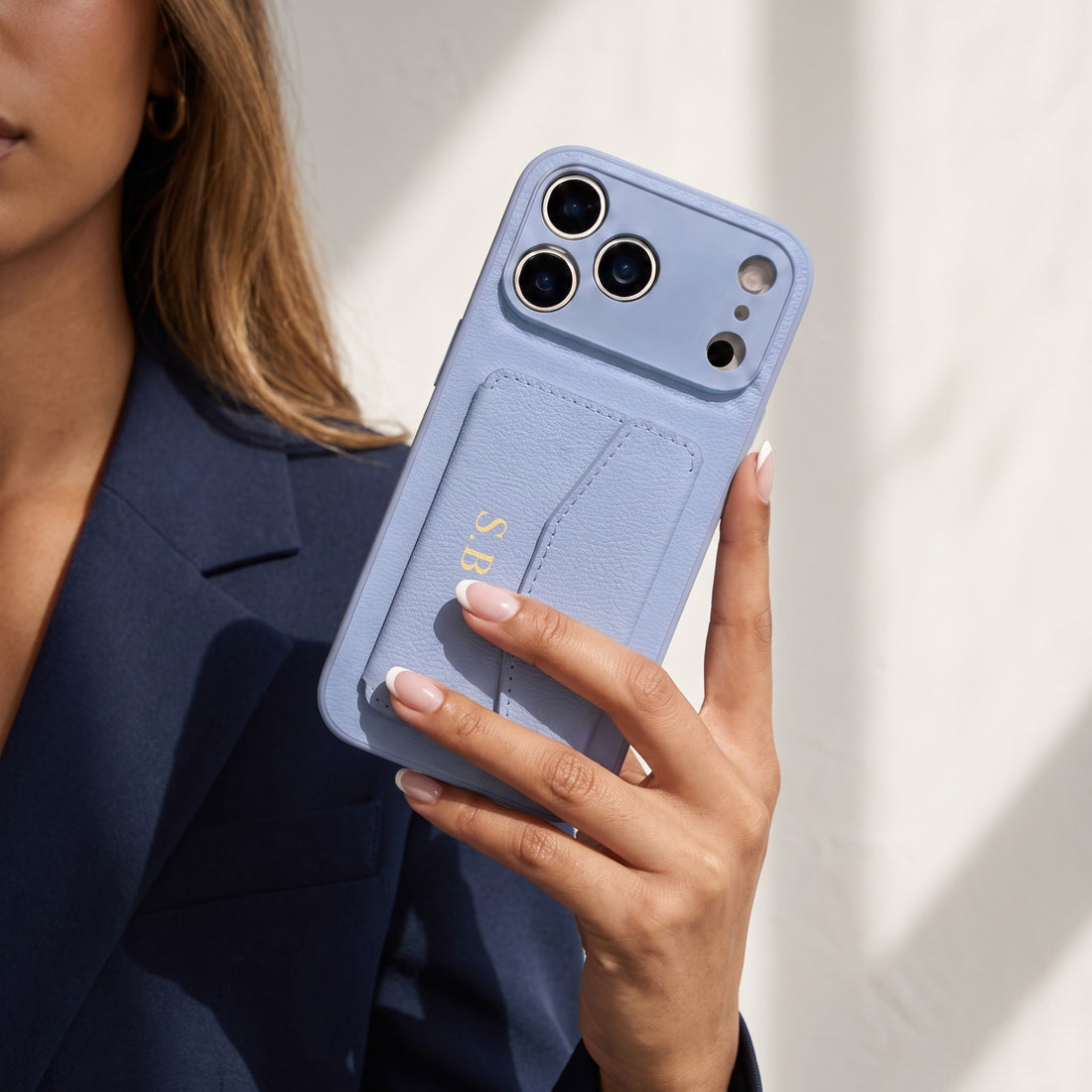 Light Blue Leather iPhone Case With Card Holder