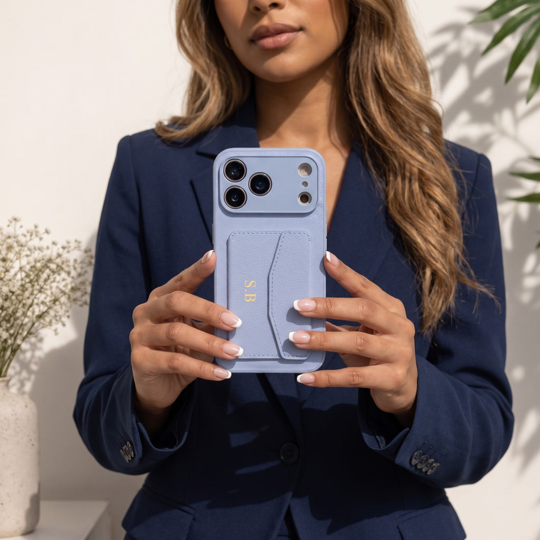 Light Blue Leather iPhone Case With Card Holder