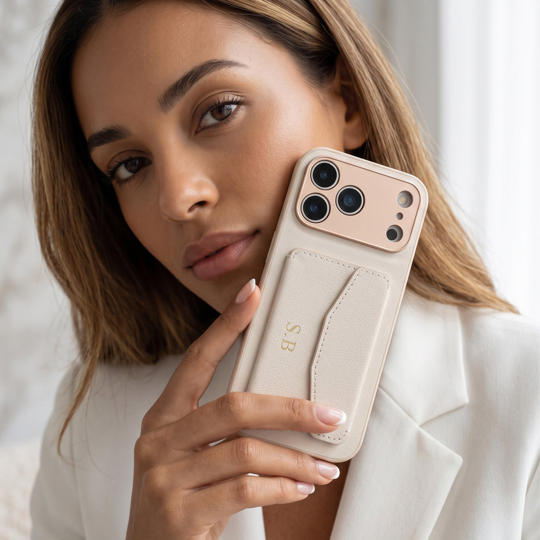 White Leather iPhone Case With Card Holder