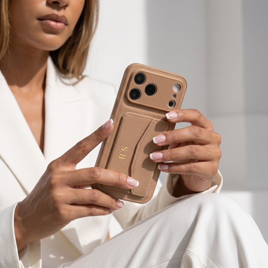 Beige Leather iPhone Case With Card Holder
