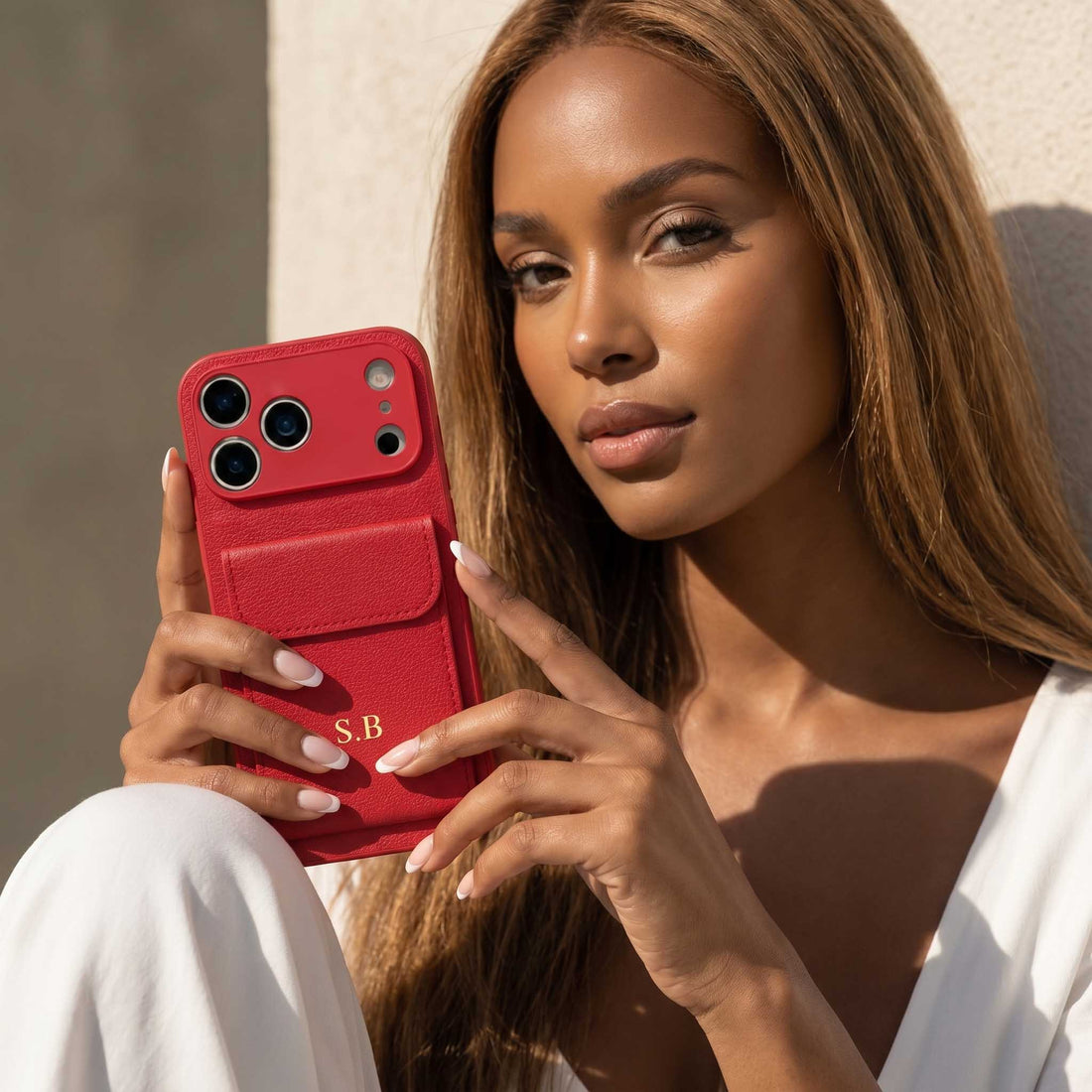 Red Personalized Leather iPhone Case With Card Holder