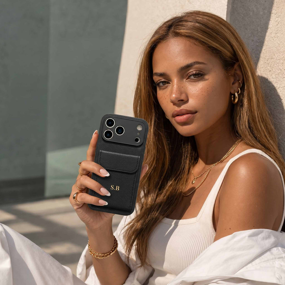 Black Personalized Leather iPhone Case With Card Holder