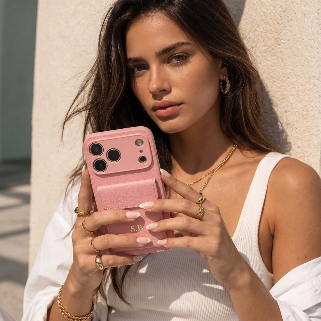 Pink Personalized Leather iPhone Case With Card Holder