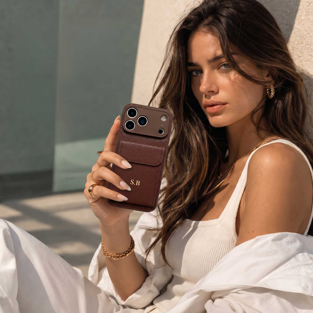Brown Personalized Leather iPhone Case With Card Holder
