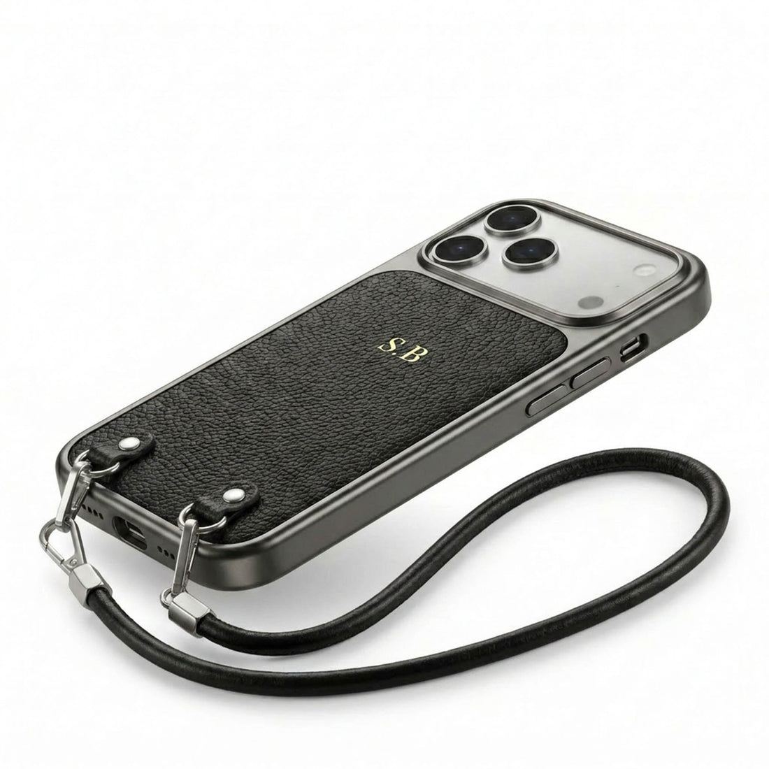 Black Personalized Leather iPhone Case with Strap Handle