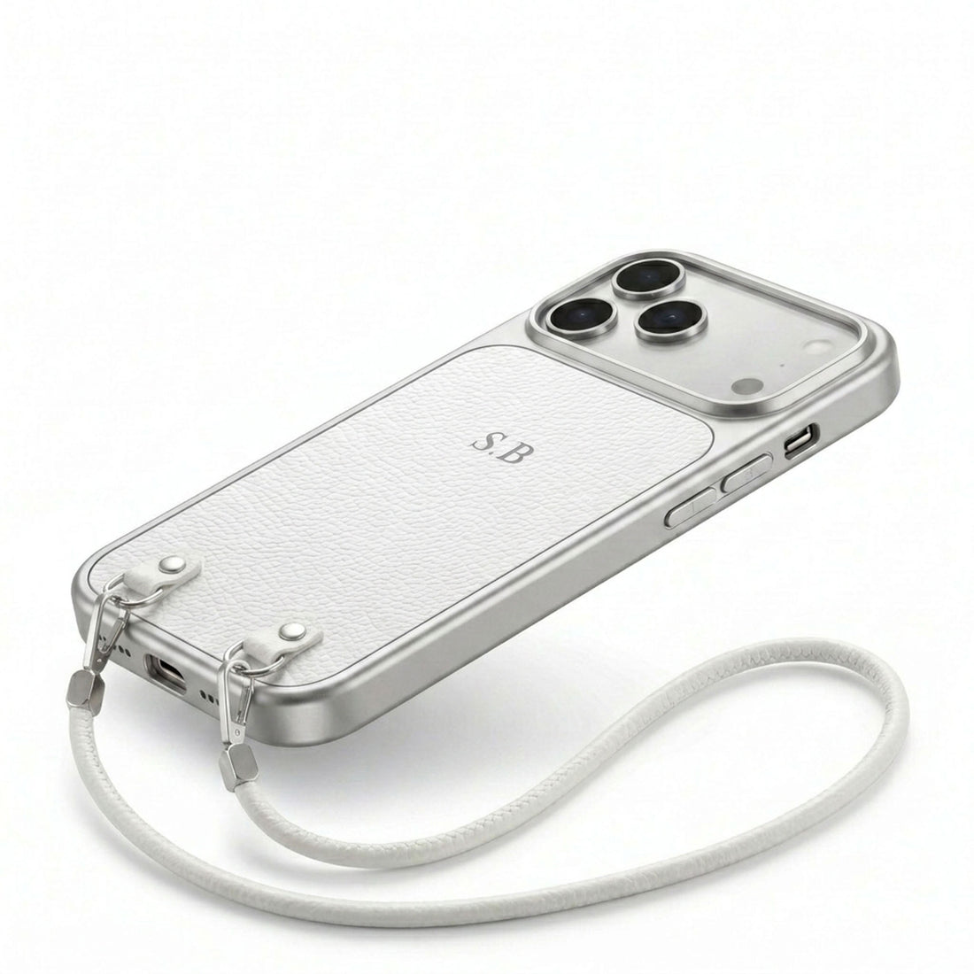 White Personalized Leather iPhone Case with Strap Handle
