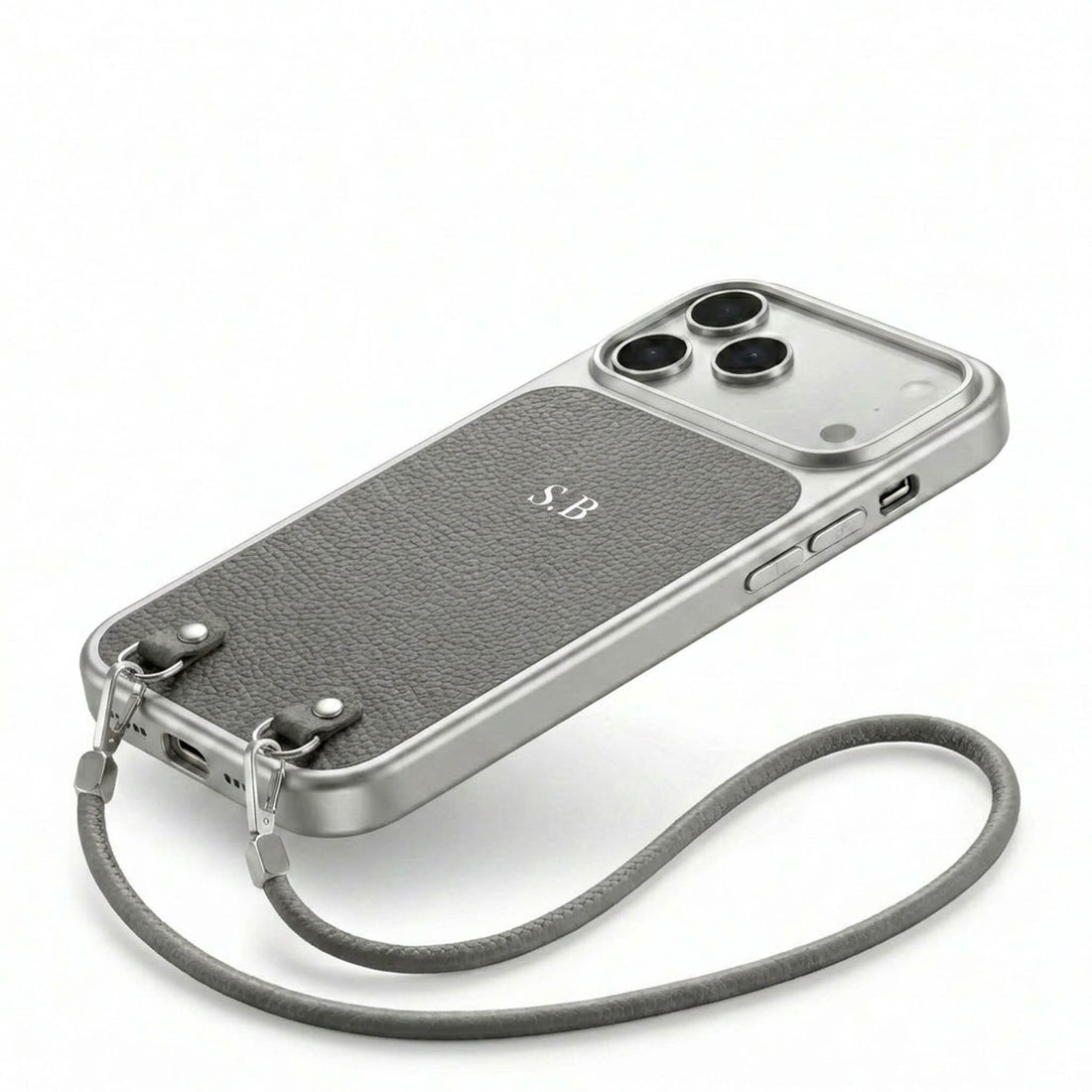 Gray Personalized Leather iPhone Case with Strap Handle