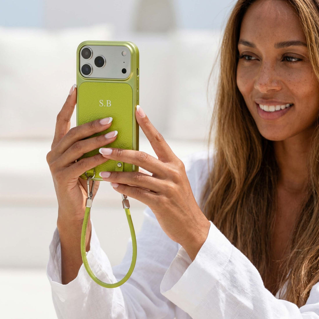 Green Personalized Leather iPhone Case with Strap Handle