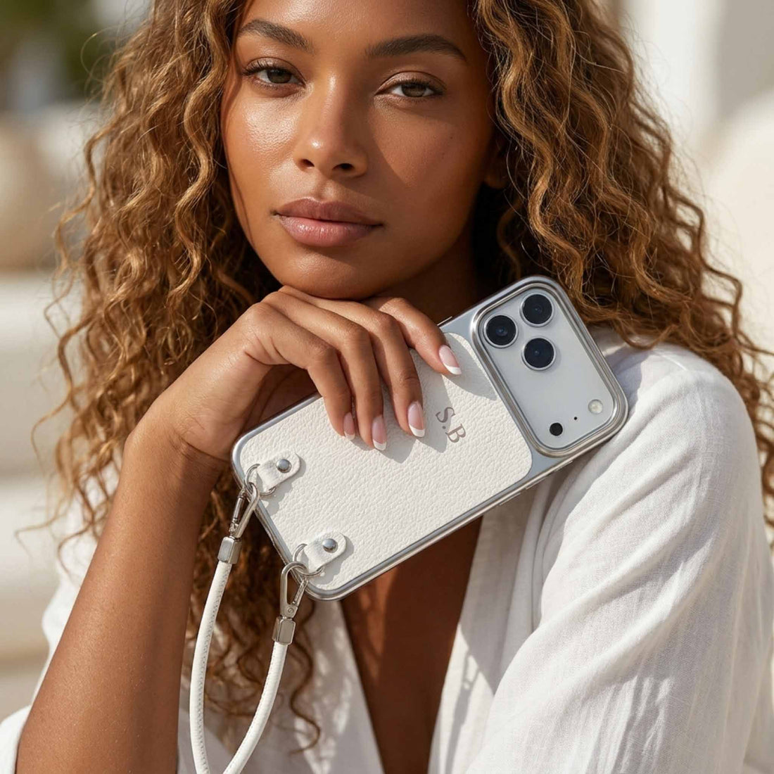 White Personalized Leather iPhone Case with Strap Handle