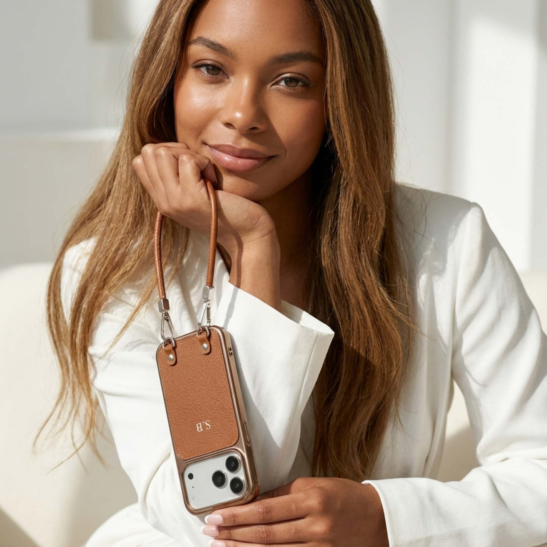 Brown Personalized Leather iPhone Case with Strap Handle