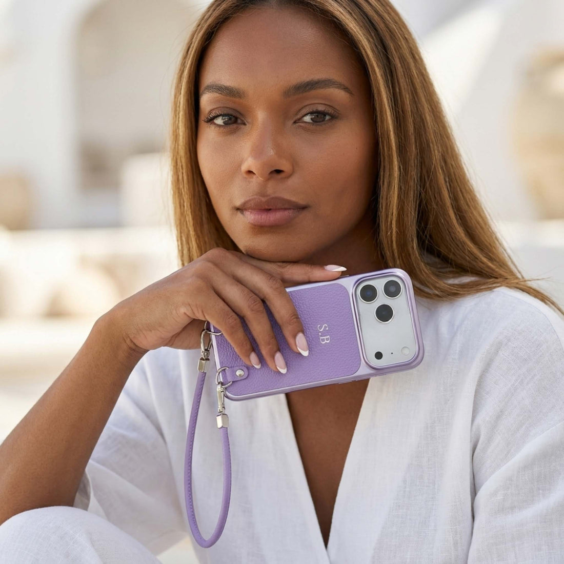 Purple Personalized Leather iPhone Case with Strap Handle
