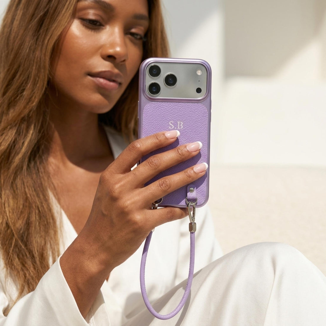 Purple Personalized Leather iPhone Case with Strap Handle