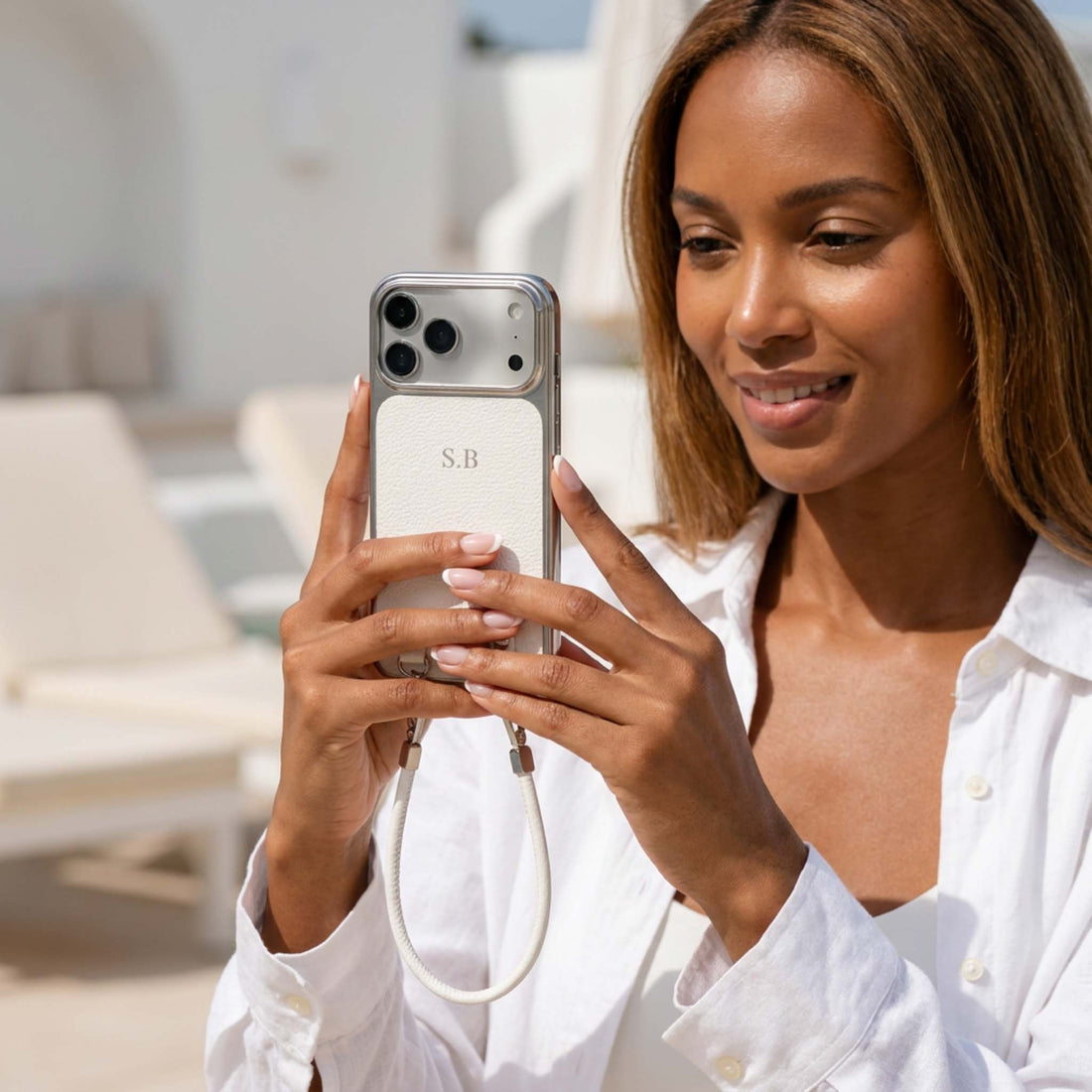 White Personalized Leather iPhone Case with Strap Handle
