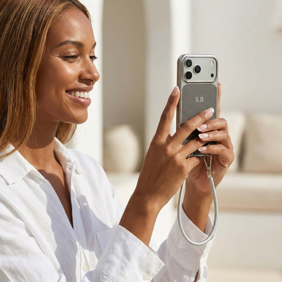 Gray Personalized Leather iPhone Case with Strap Handle