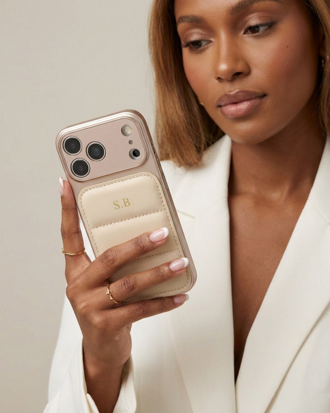 Cream Personalized iPhone Leather Case - Snap Bands