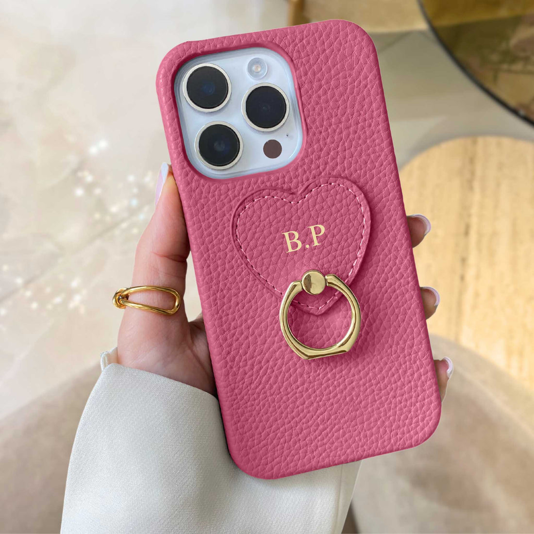 Hot Pink-pebble-leather-personalized-iphone-case-with-gold-ring-holder