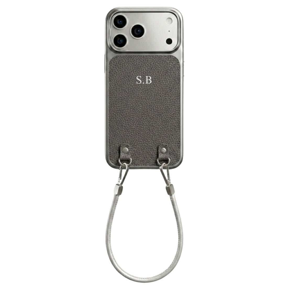 Gray Personalized Leather iPhone Case with Strap Handle - Snap Bands