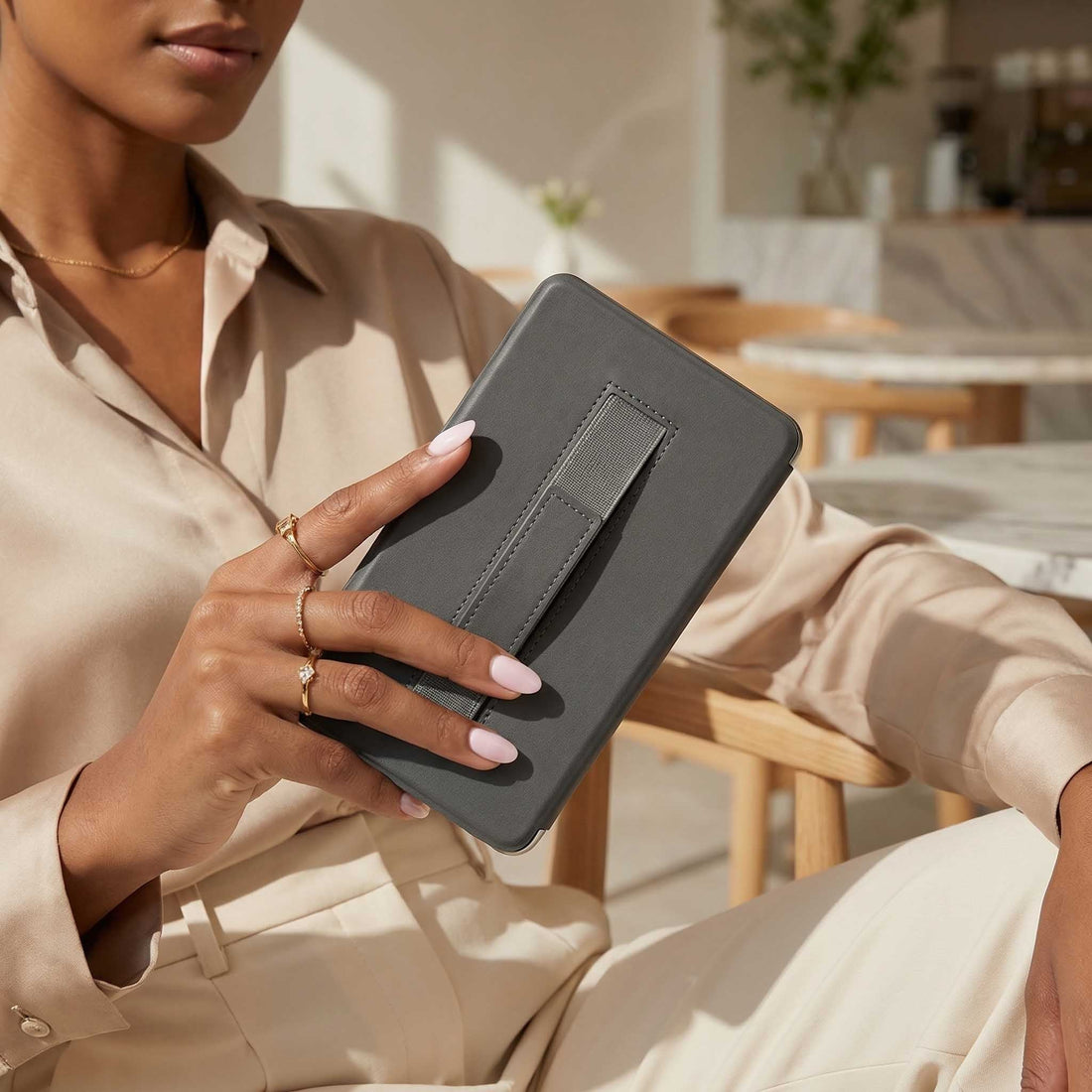 Gray Textured Leather Kindle Case with Hand Strap - Snap Bands