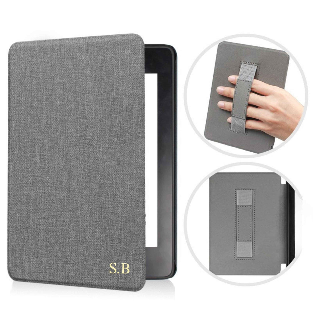 Gray Textured Leather Kindle Case with Hand Strap - Snap Bands