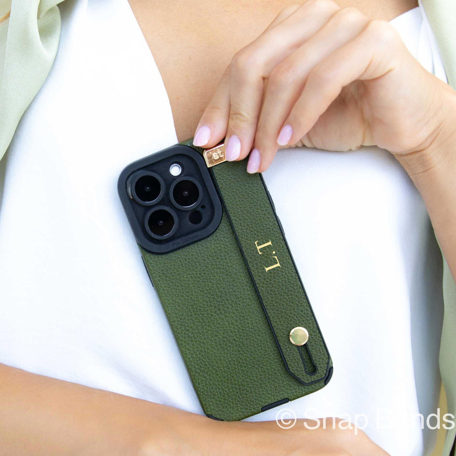 Green Leather iPhone Case with Strap - Snap Bands