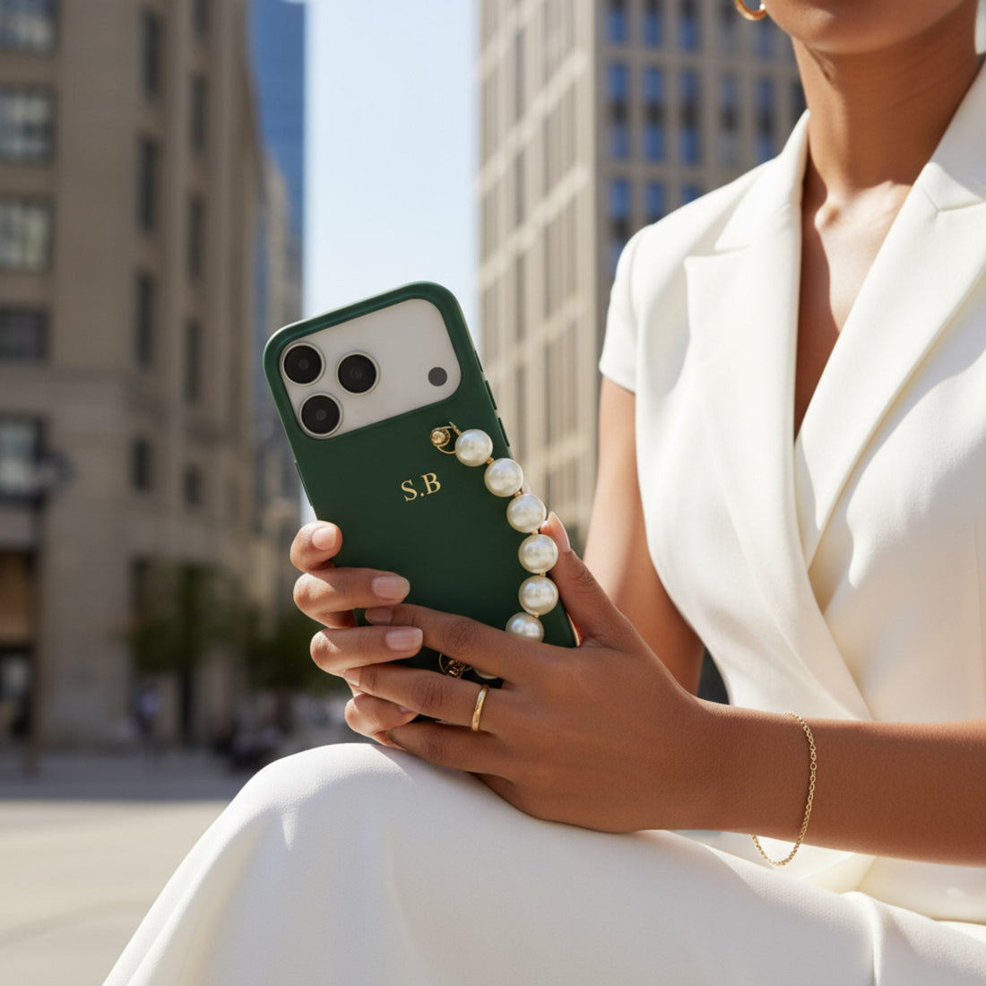 Green Leather Magnetic iPhone Case with Pearl Strap - Snap Bands