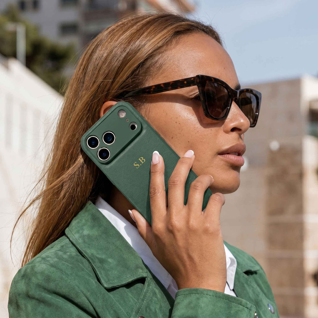 Green Personalized Leather iPhone Case - Snap Bands