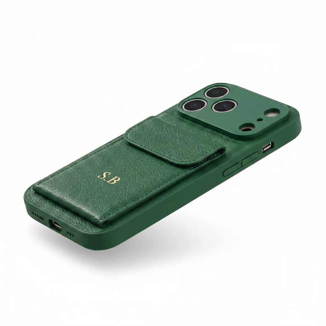 Green Personalized Leather iPhone Case With Card Holder - Snap Bands