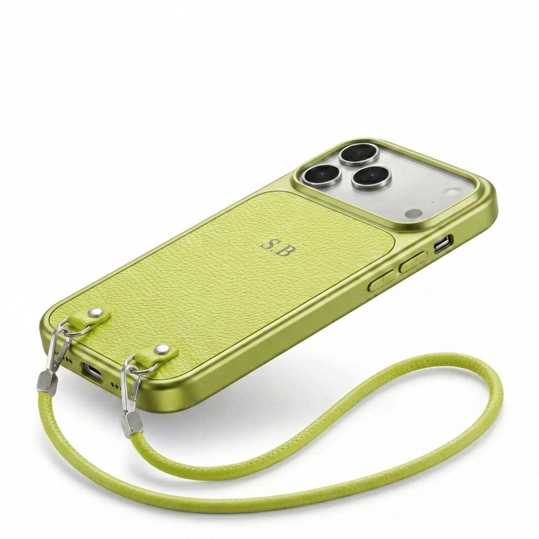 Green Personalized Leather iPhone Case with Strap Handle - Snap Bands